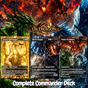 May include: Three Magic: The Gathering trading cards featuring dragon artwork. The left card is Ancient Gold Dragon, the center is The Ur-Dragon, and the right is Temur Ascendancy. The background displays a large, fiery dragon illustration.