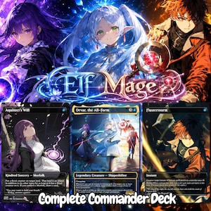 May include: A Magic: The Gathering trading card set titled Elf Mage featuring three cards: Architect's Will, Orvar, the All-Form, and Flusterstorm. The artwork displays three anime-style characters with purple, white, and orange color themes.