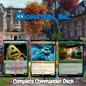 May include: Three Magic: The Gathering trading cards featuring Monsters, Inc. characters Mike Wazowski and Sulley. The cards are displayed against a background of a university building. The text Monsters, Inc. and Complete Commander Deck is visible.