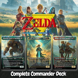 May include: A complete Commander Deck featuring three Magic: The Gathering cards with Zelda-themed artwork. The cards are Goreclaw, Terror of Qal Sisma, Jodah, the Unifier, and Halana and Alena, Partners, displayed against a background of Zelda characters.