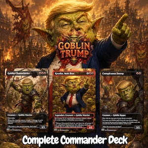 May include: A collection of three trading cards featuring green-skinned goblin characters with blonde hair, dressed in suits and ties. The cards are titled Goblin Chainwhirler, Krenko, Mob Boss, and Conspicuous Snoop, set against a fiery, war-torn background.
