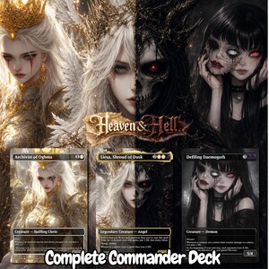 May include: A complete Commander deck featuring three trading cards titled Archivist of Oghma, Liesa, Shroud of Dusk, and Defiling Daemogoth. The artwork displays contrasting light and dark themes with angelic and demonic figures, including text.