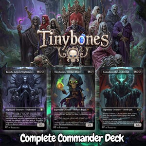 May include: A promotional graphic for a Tinybones Commander deck featuring a central skeleton king on a throne surrounded by hooded skeletal figures. Below are three Magic: The Gathering cards: Braids, Arisen Nightmare, Tinybones, Trinket Thief, and Asmodeus the Archfiend, each displaying detailed fantasy character illustrations and game text.