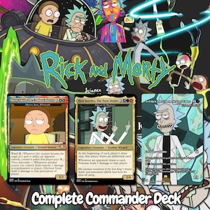 May include: A set of three Rick and Morty themed trading cards featuring Morty Smith, The Combo Enforcer, Rick Sanchez, The Toxic Dealer, and Evil Rick, The Cybernetic Cost-Cutter, displayed against a background with the Rick and Morty logo.