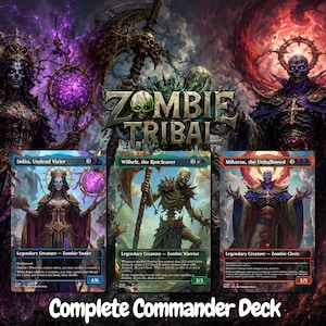 May include: A Magic: The Gathering trading card set titled Zombie Tribal featuring three legendary creature cards: Sidisi, Undead Vizier, Wilhelt, the Rotcleaver, and Mikaeus, the Unhallowed, displayed against a dark, atmospheric fantasy background.