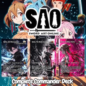 May include: A Sword Art Online trading card set featuring three distinct character cards: Kirito, ALO Mercenary; Kirito, The Black Swordsman; and Asuna, Goddess Stacia. Each card displays detailed anime-style character illustrations with text.