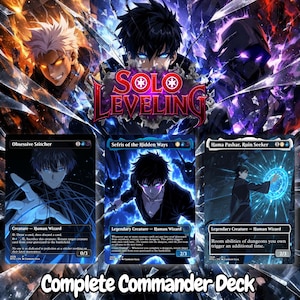 May include: A Solo Leveling themed Magic: The Gathering Commander deck featuring three trading cards: Obsessive Stitcher, Sefris of the Hidden Ways, and Hama Pashar, Ruin Seeker. The cards display anime-style character art with blue and purple energy effects.