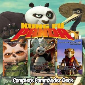 May include: Three trading cards featuring Kung Fu Panda characters Master Shifu, Po, and Tigress. Each card displays character art, text, and game stats. The background shows the Kung Fu Panda logo and characters including a panda and a crane.