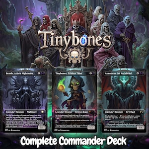 May include: A Magic: The Gathering trading card set featuring the title Tinybones, a central illustration of a skeleton king on a throne surrounded by skeletal figures, and three individual cards: Braids, Arisen Nightmare, Tinybones, Trinket Thief, and Asmodeus the Archfiend.