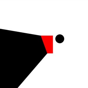 Può includere: Design geometrico astratto su sfondo bianco. Il design presenta una forma nera con un quadrato rosso e un cerchio nero. Le forme sono disposte in uno stile minimalista.