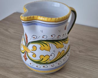 Vintage Italian Deruta Style Ceramic Pitcher, Hand Painted Majolica Pottery Water Jug, Rustic Mediterranean Farmhouse Kitchen