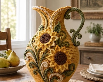 Sunflower Pitcher Crochet Pattern PDF, Floral Jug Vase Tutorial, Cottagecore Home Decor, Handmade Gift Design