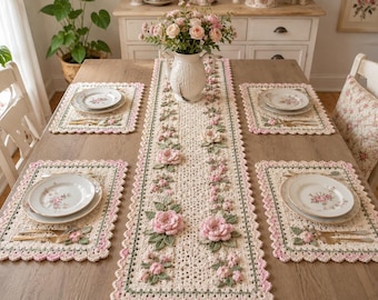 Crochet Table Runner Pattern, Rose Placemat Set PDF, Cottage Lace Dining Decor, Floral Wedding Centerpiece, Shabby Chic Home