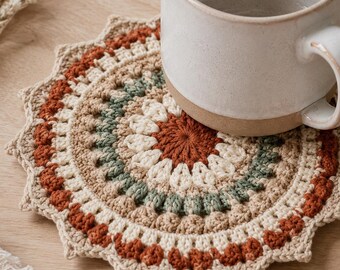 Sunburst Crochet Coaster Pattern, Boho Mug Rug PDF, Rustic Table Decor