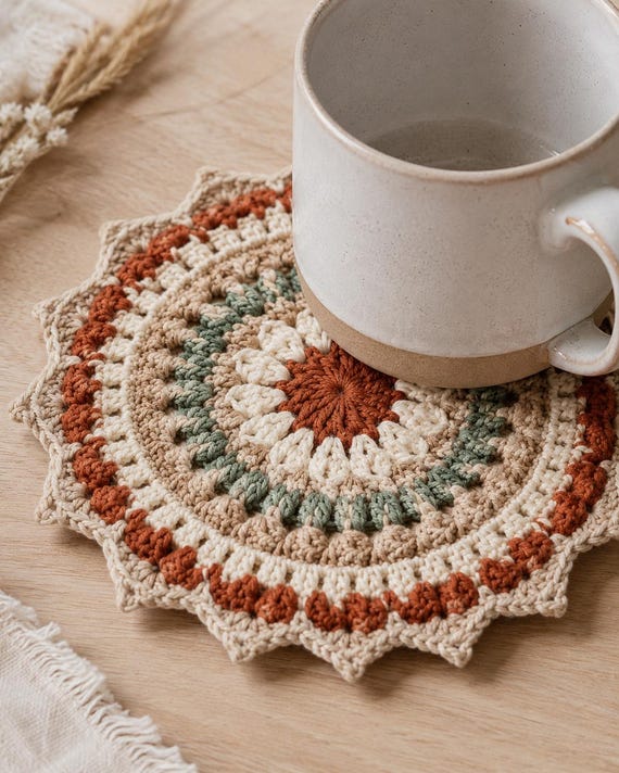 Sunburst Crochet Coaster Pattern, Boho Mug Rug PDF, Rustic Table Decor