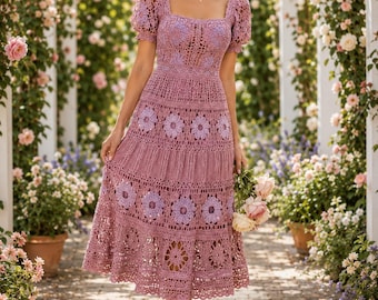 Rose Crochet Dress Pattern PDF, Floral Lace Midi Tutorial, Puff Sleeve Gown, Square Neck Garden Outfit