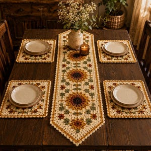 Puede incluir: Un juego de mesa de comedor con un camino de mesa de ganchillo con estampado de girasoles y manteles individuales a juego. Cada cubertería incluye un plato beige. La mesa es de madera oscura y la decoración incluye un jarrón de flores y una vela encendida.