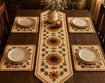 Crochet Sunflower Table Runner Pattern, Rustic Placemat PDF, Autumn Farmhouse Dining Decor, Floral Harvest Centerpiece