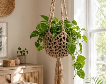 Boho Crochet Plant Hanger Pattern PDF, Macrame Style Basket Tutorial, Indoor Pot Holder, Jute Home Decor DIY
