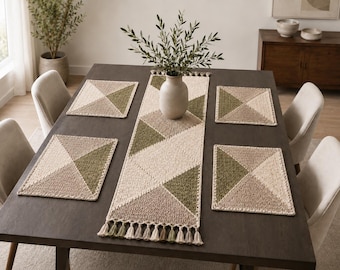 Crochet Table Runner Pattern, Geometric Placemat Set PDF, Boho Dining Decor, Sage Cream Kitchen Mats, Modern Farmhouse Centerpiece