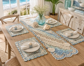 Crochet Coastal Table Runner Pattern, Seashell Placemat Set PDF, Ocean Lace Dining Decor, Beach House Centerpiece, Summer Hosting
