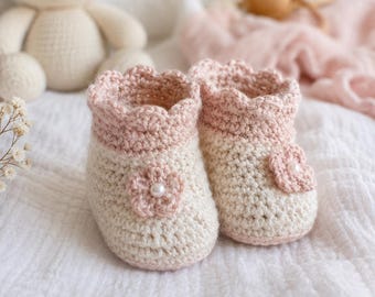 Crochet Baby Booties Pattern PDF, Pink Flower Newborn Shoes Tutorial, Soft Sole Girl Gift