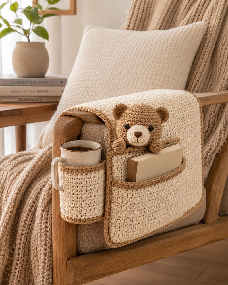 May include: Crocheted armrest organizer in cream and brown, featuring a cup holder, pocket, and a teddy bear. The organizer is attached to a wooden chair arm, with a coffee mug and a book inside.