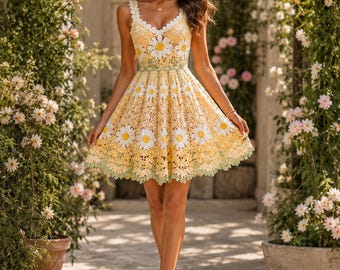 Yellow Daisy Crochet Dress PDF Pattern, Floral Mini Sundress, Boho Summer Outfit, Garden Party Tutorial