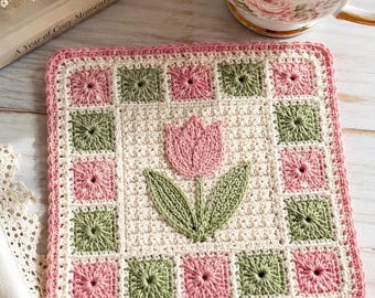 Tulip Coaster Crochet Pattern, Granny Square PDF, Floral Kitchen Trivet, Spring Mug Rug