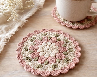 Crochet Floral Placemat Pattern, Round Cotton Doily PDF, Pink Scalloped Table Decor