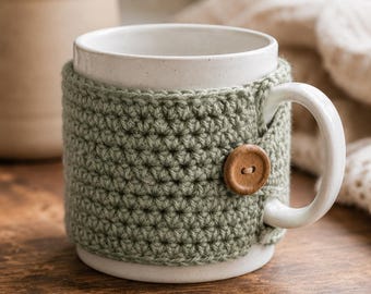 Sage Mug Cozy Pattern PDF, Buttoned Cup Sleeve Tutorial, Textured Coffee Warmer Crochet Gift