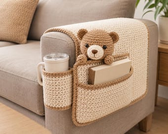 Teddy Bear Sofa Caddy Crochet Pattern PDF, Armrest Organizer, Cup Holder Pocket, Remote Storage, Cozy Home Decor
