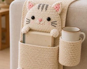 Cute Cat Couch Caddy Crochet Pattern PDF, Sofa Arm Organizer Tutorial, Mug Holder Pocket, Cozy Reading Decor