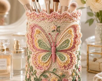 Butterfly Crochet Organizer Pattern, Floral Pencil Holder PDF, Cottagecore Decor