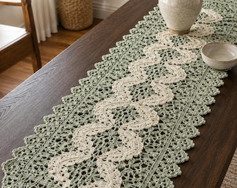 Crochet Table Runner Pattern, Floral Lace Centerpiece PDF, Sage Green Home Decor, Vintage Dining Tutorial