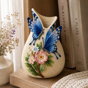 May include: A cream-colored crochet vase featuring two vibrant blue butterflies with white and yellow accents, alongside a cluster of pink and white flowers with green leaves. The vase has a textured, woven surface and a tapered, organic shape.