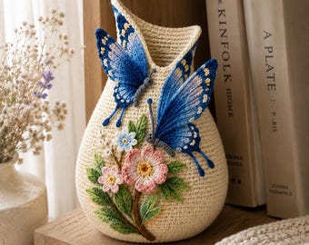 Butterfly Vase Crochet Pattern, Floral Container PDF, Embroidered Basket, Cottagecore Home Decor