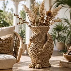 May include: A beige, woven vase with an eagle design, holding dried flowers and grasses. The vase has a detailed eagle head and wings, and is sitting on a round table. The vase is a decorative home accent.