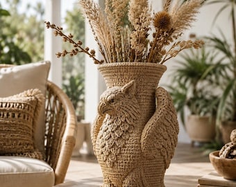 Owl Vase Crochet Pattern PDF, Boho Bird Planter, Textured Amigurumi Pot, Dried Flower Holder, Farmhouse Home Decor