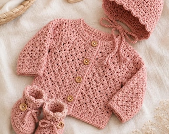 Crochet Baby Set Pattern PDF, Pink Cardigan Bonnet Booties, Newborn Layette Outfit, Instant Download
