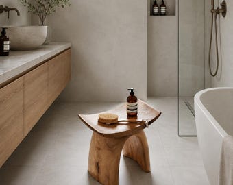 Rustic Organic Solid Wood Bathroom Spa Bench | Luxury Shower Stool