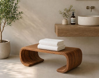 Organic Luxury Long Modern Solid Wood Bathroom Shower Spa Bench