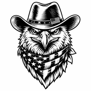Könnte beinhalten: Eine schwarz-weiße grafische Illustration eines Weißkopfseeadlers, der einen Cowboyhut und ein Halstuch trägt. Der Hut ist an der Seite mit einem kleinen amerikanischen Flaggendetail versehen, und das Halstuch zeigt ein Sternen- und Streifenmuster.