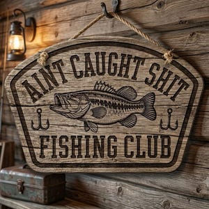 Può includere: Un cartello in legno con corda per appenderlo, caratterizzato da un'illustrazione di pesce incisa in scuro, due ami da pesca e il testo AINT CAUGHT SHIT FISHING CLUB. Il cartello presenta una venatura del legno orizzontale e un bordo scuro.