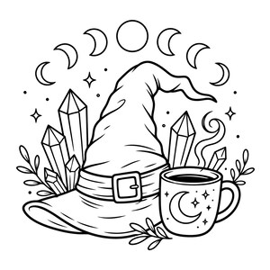 Basic Witch SVG PNG | Crystal Moon Coffee Halloween Cut File | Witchy Aesthetic Shirt and Mug Design