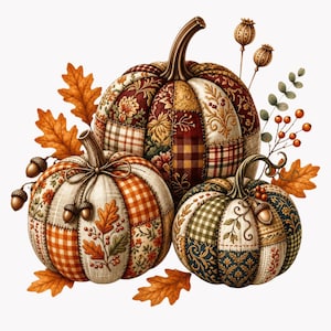 May include: Three decorative pumpkins featuring a patchwork design of various autumn-themed fabrics including plaid, floral, and gingham patterns in shades of orange, red, green, and cream, accented with dried seed pods, acorns, and oak leaves.
