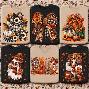 May include: Six crewneck sweatshirts featuring autumn-themed graphics. Designs include pumpkins with buffalo plaid, a large bow with farm motifs, pumpkins with sunflowers, a ghost wearing a hat, the word FALL, and a goose wearing a hat.