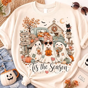 Tis The Season Ghost Trio PNG Vintage Pumpkin Patch Halloween Sublimation Digital Download