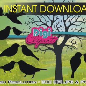 Tree and Love Birds Silhouette - Clip Art - INSTANT DOWNLOAD