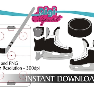 Hockey Clipart Ice Skates, Puck, Stick, Hockey Rink NHL Sports Clip Art INSTANT DOWNLOAD